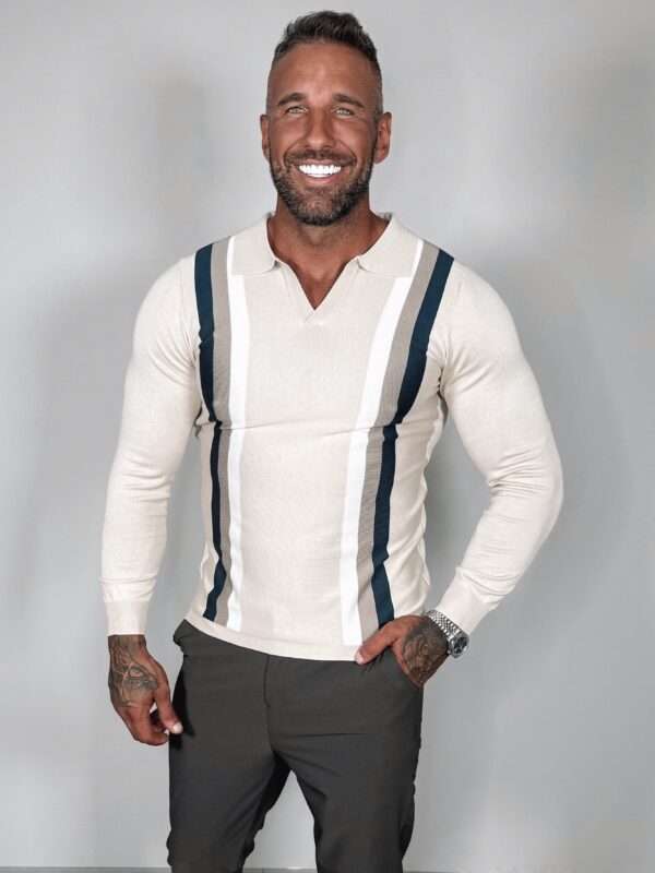 Striped Longsleeve Polo - Beige