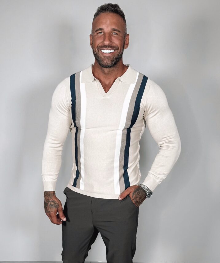 Striped Longsleeve Polo - Beige