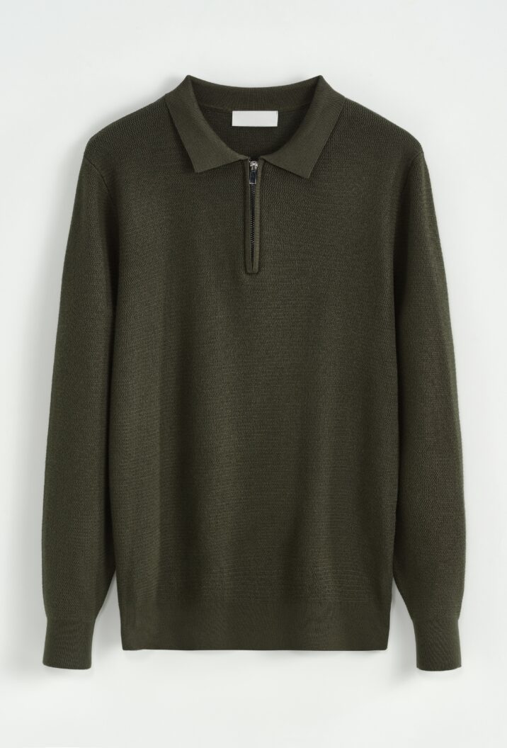 Zipper Longsleeve Polo - Khaki