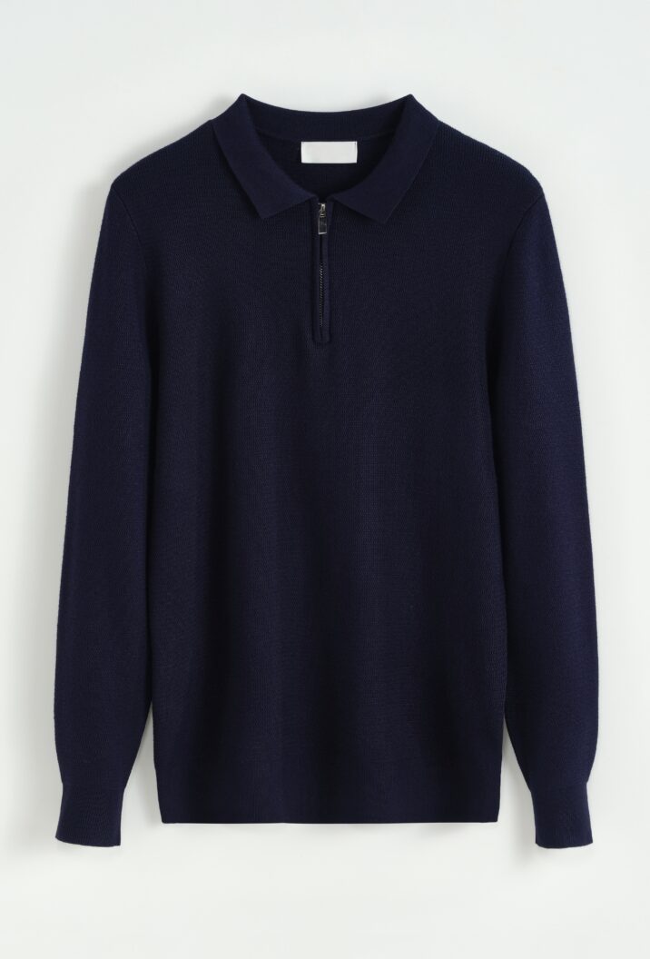 Zipper Longsleeve Polo - Navy