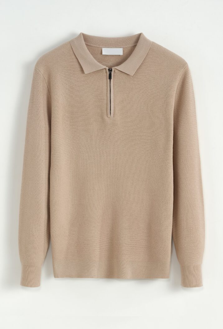 Zipper Longsleeve Polo - Beige
