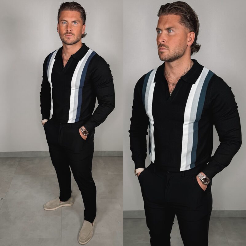 Striped Longsleeve Polo - Black