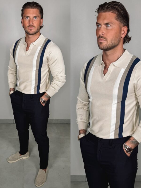 Striped Longsleeve Polo - Beige
