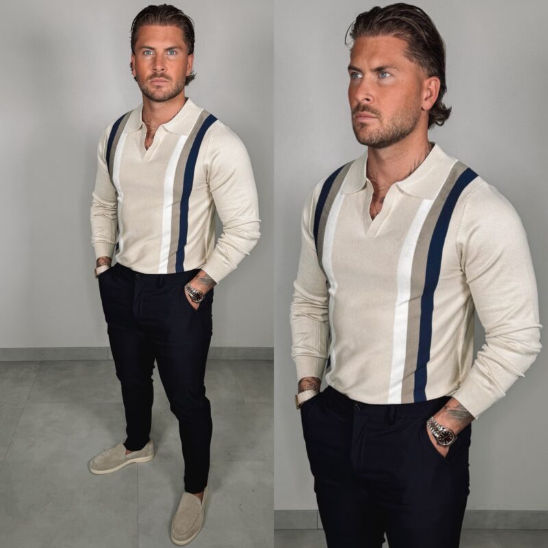 Striped Longsleeve Polo - Beige