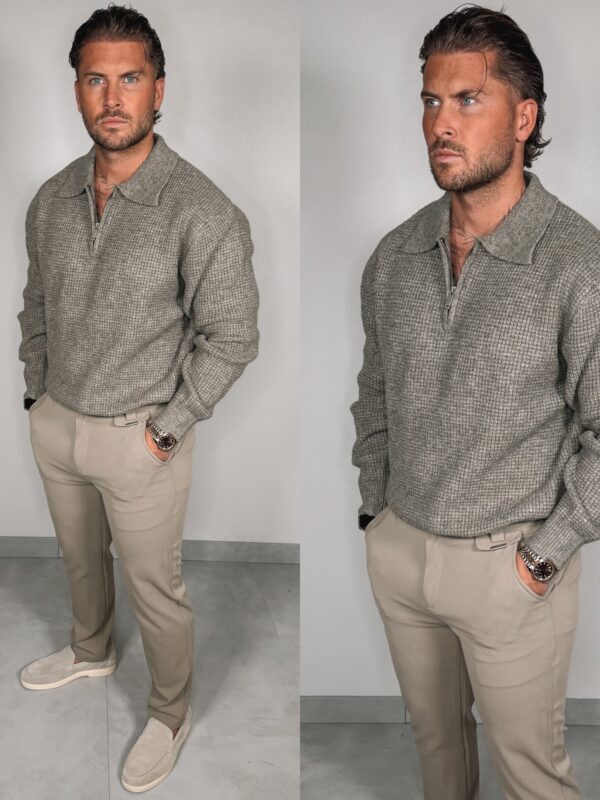 Knitted Zipper Sweater - Beige