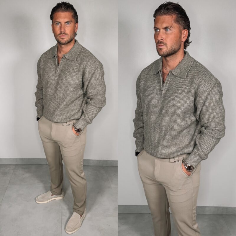 Knitted Zipper Sweater - Beige
