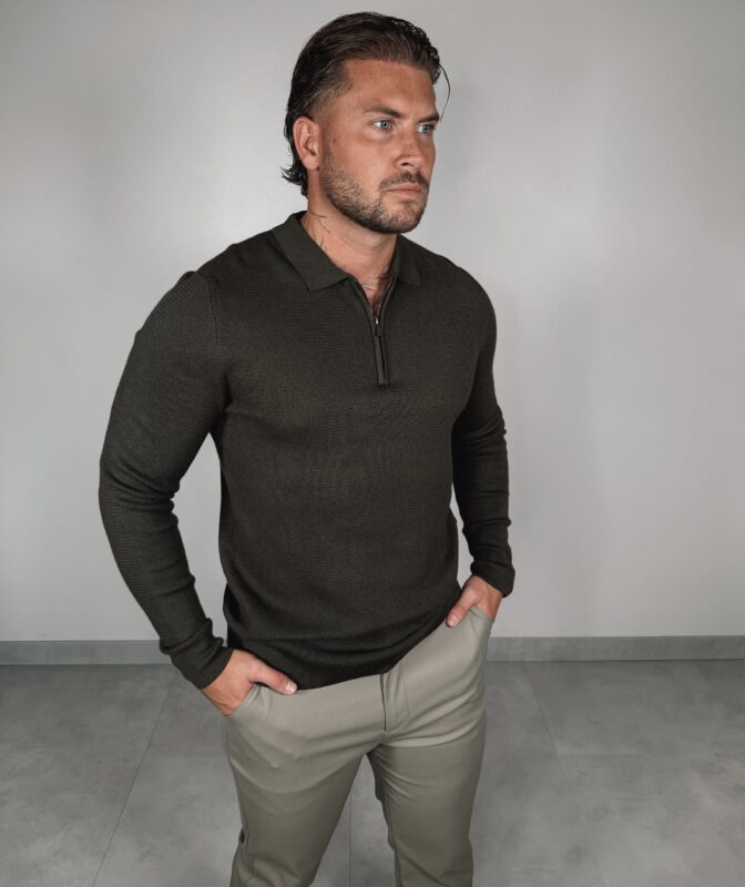 Zipper Longsleeve Polo - Khaki