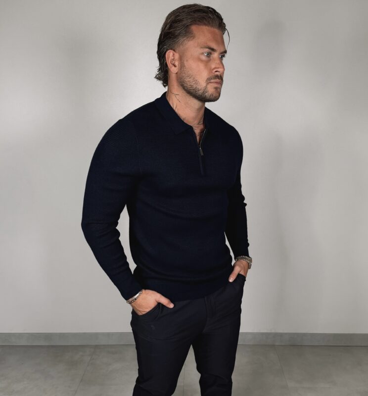 Zipper Longsleeve Polo - Navy