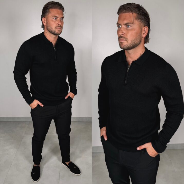 Zipper Longsleeve Polo - Black