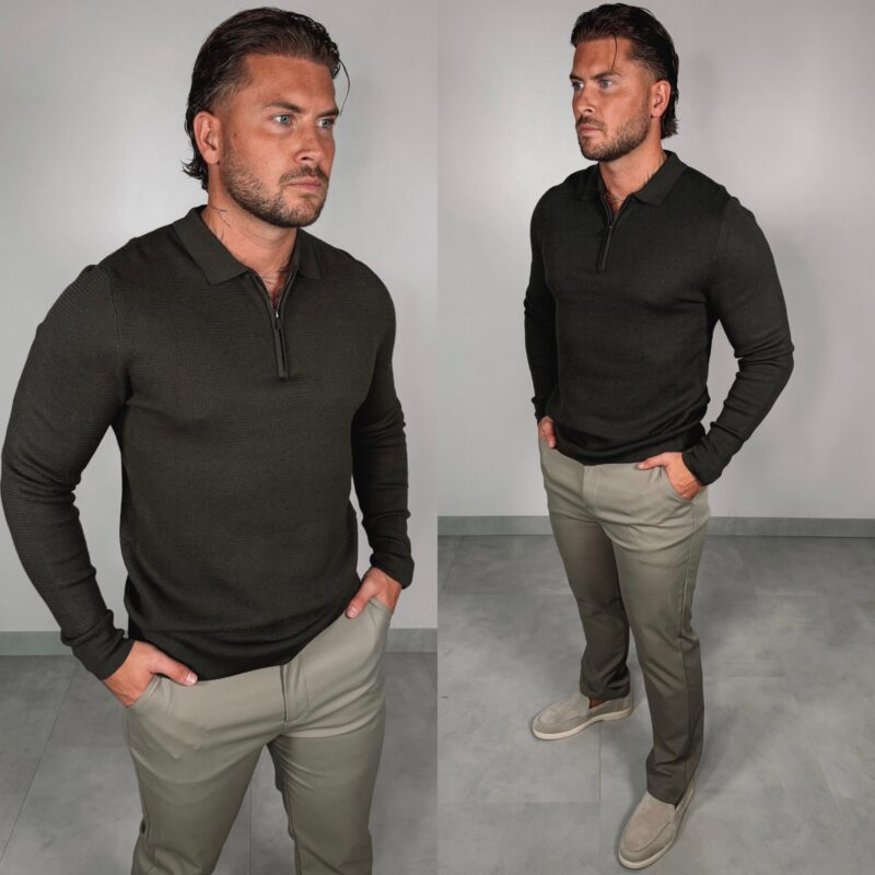 Zipper Longsleeve Polo - Khaki