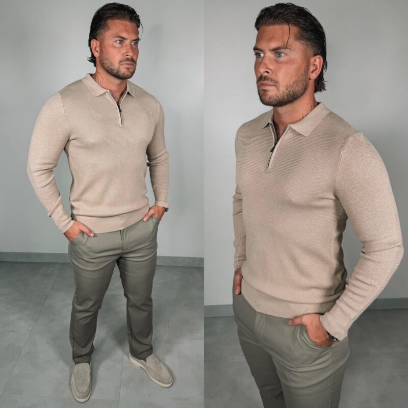 Zipper Longsleeve Polo - Beige
