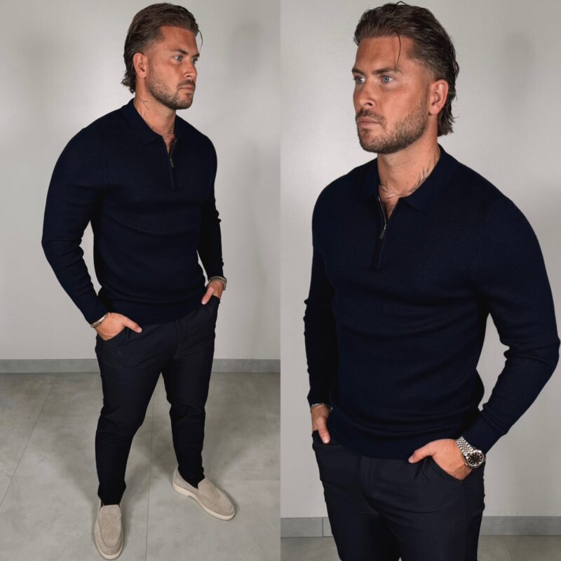 Zipper Longsleeve Polo - Navy