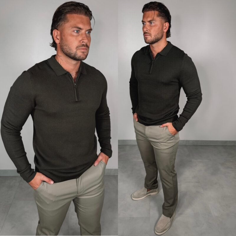 Zipper Longsleeve Polo - Khaki