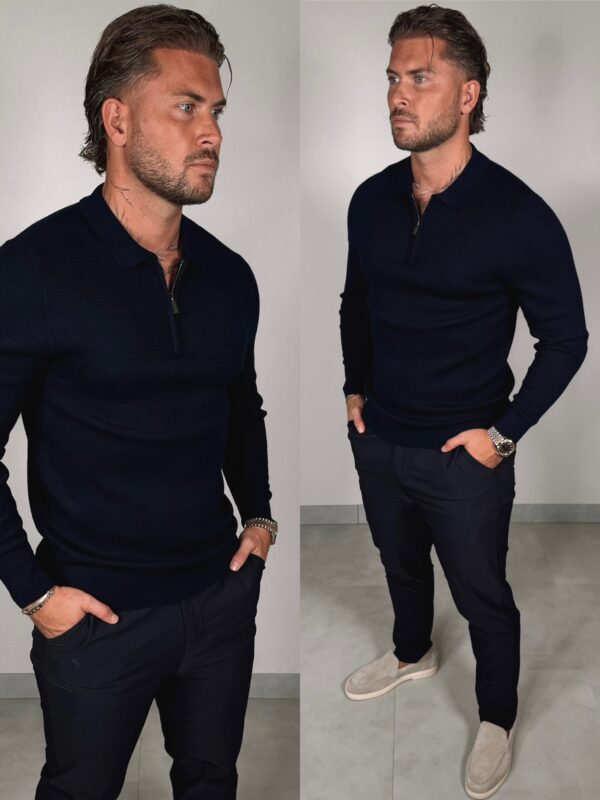 Zipper Longsleeve Polo - Navy