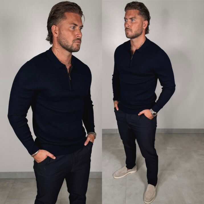 Zipper Longsleeve Polo - Navy