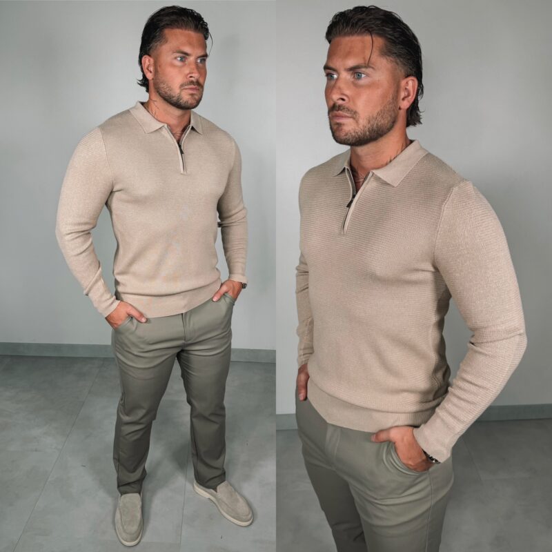Zipper Longsleeve Polo - Beige