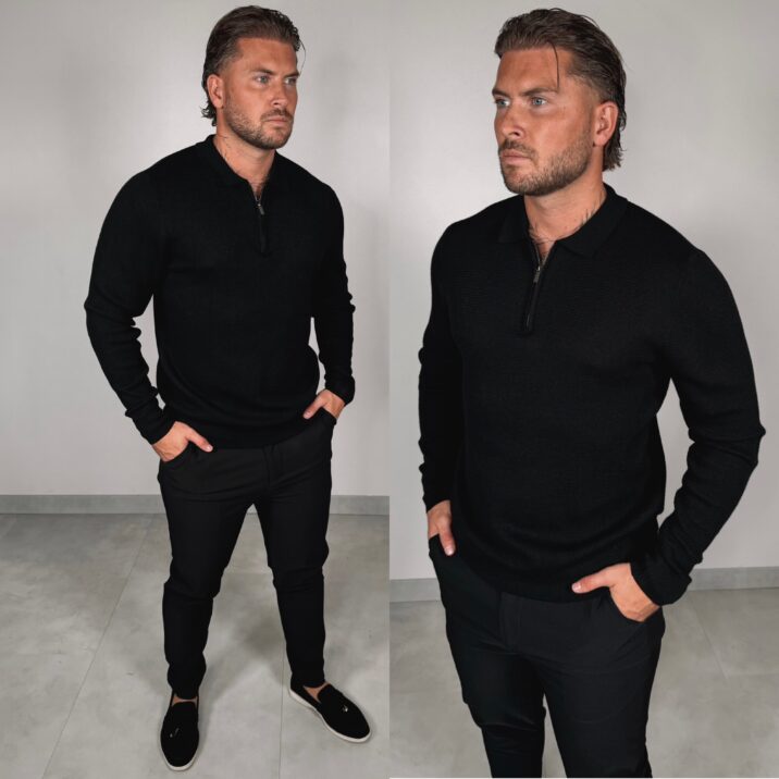 Zipper Longsleeve Polo - Black