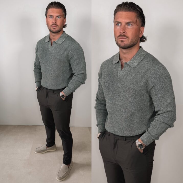 Knitted Polo Sweater - Khaki/Grey